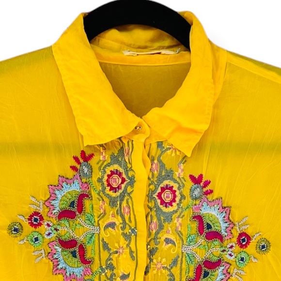 Long Sleeve Johnny Was Yellow 100% Silk Button Down Embroidered Blouse - Picture 3 of 9